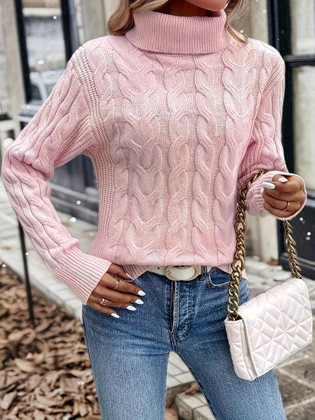 Stylowy sweter z golfem damski, gruby warkoczowy splot