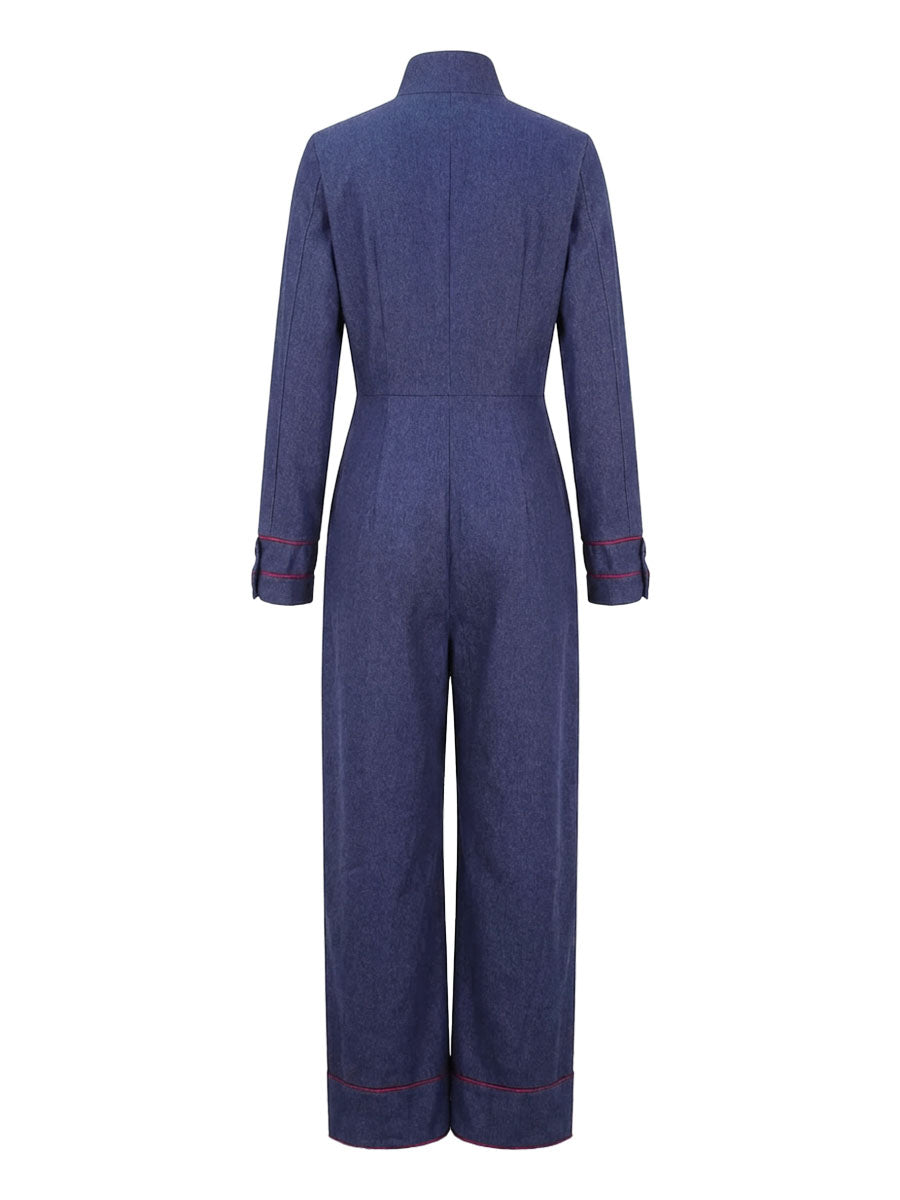 Kombinezon denim z długim rękawem podwiniętym w casualowej stylizacji