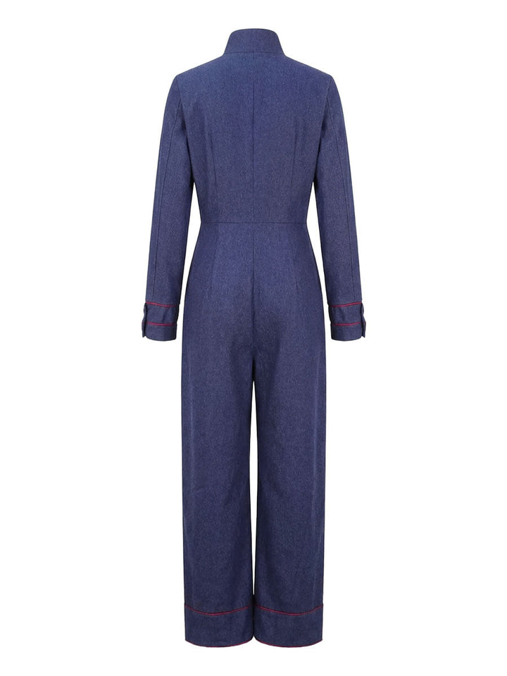 Kombinezon denim z długim rękawem podwiniętym w casualowej stylizacji