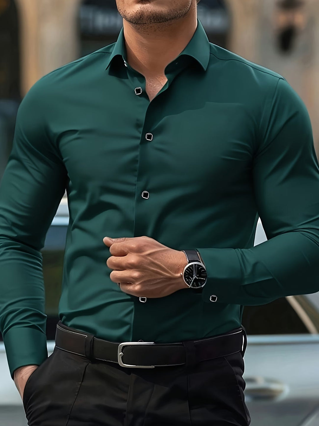 Męska koszula z długim rękawem Arvid w stylu smart casual, widok na mankiet i kołnierz.
