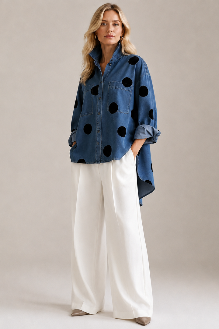 Damska bluzka oversize w grochy z kołnierzykiem polo – styl retro