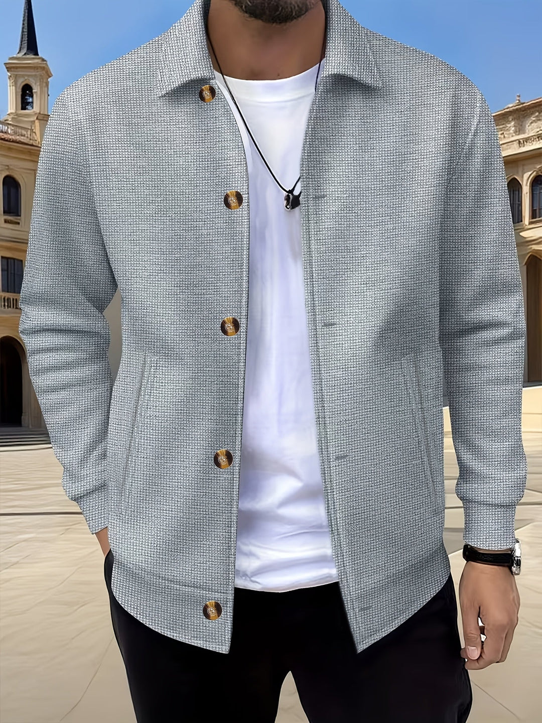 Mężczyzna w szarej teksturowanej koszuli overshirt na zewnątrz