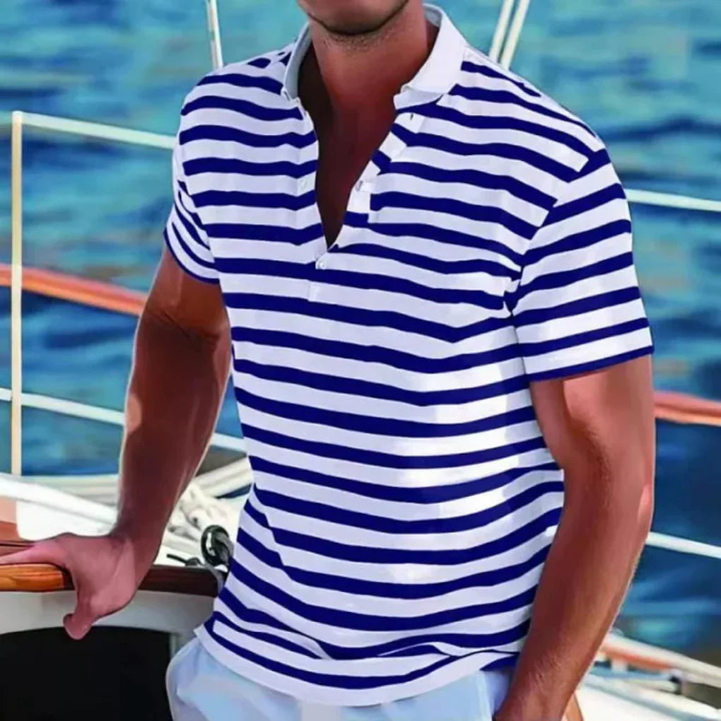 Męska koszulka polo w paski w stylu retro, widok z tyłu