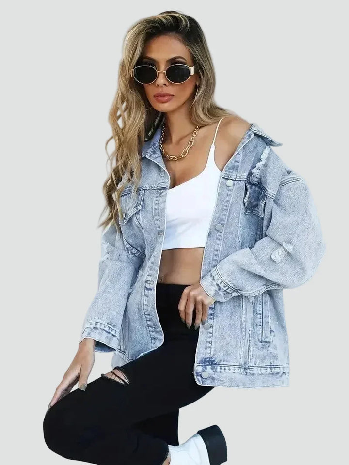Damska kurtka jeansowa oversize zapinana na guziki, styl uliczny