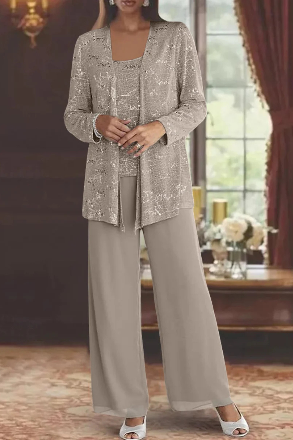 Wizytowy komplet damski, błyszczący żakiet i spodnie, moda kobieca