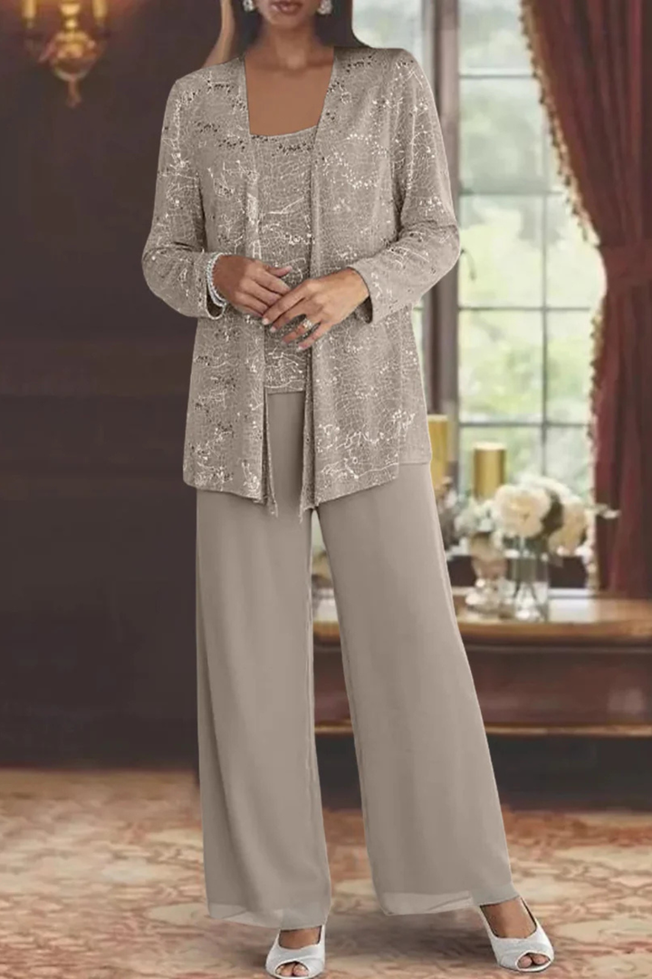 Wizytowy komplet damski, błyszczący żakiet i spodnie, moda kobieca