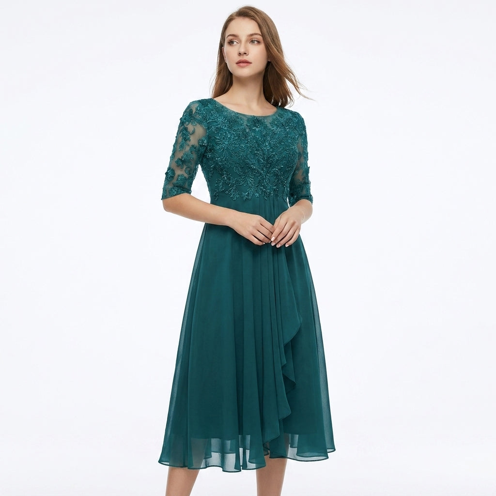 Elegancka damska sukienka na specjalne okazje, koronkowa midi z rękawem.