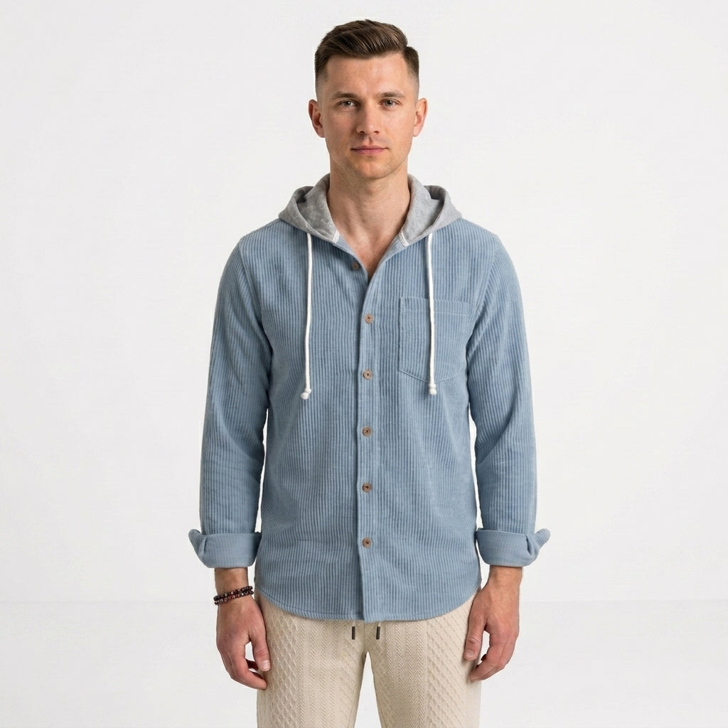 Męski overshirt z kapturem i guzikami, wygodny krój casual