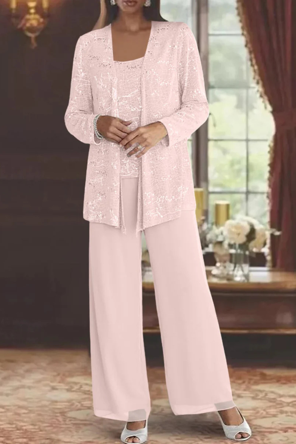 Komplet z cekinami dla kobiet, eleganckie spodnie i żakiet na uroczystości