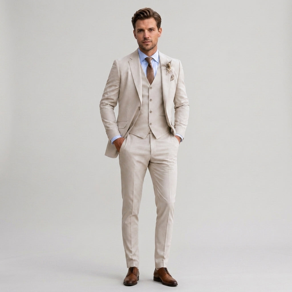 Mężczyzna w eleganckim beżowym garniturze trzyczęściowym Slim Fit