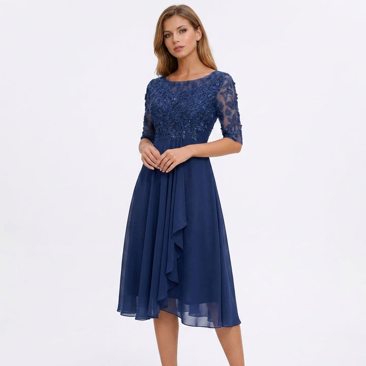 Elegancka sukienka koronkowa midi z długim rękawem, modna sukienka wizytowa.
