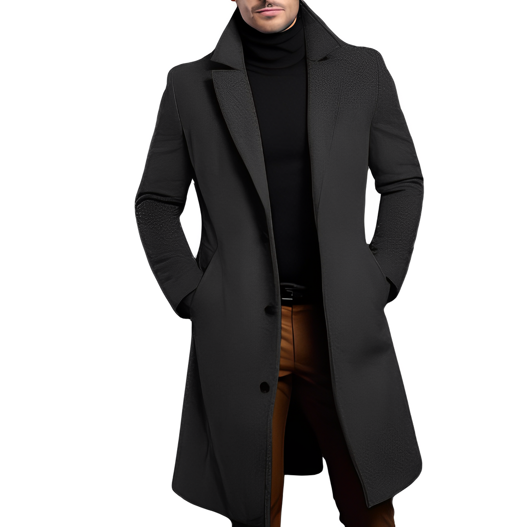 Męski elegancki długi płaszcz zimowy ze stójką, tył odzieży