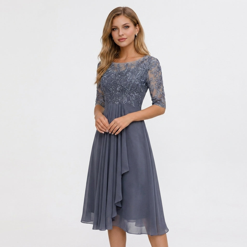 Widok z boku na elegancką sukienkę midi z koronkową górą