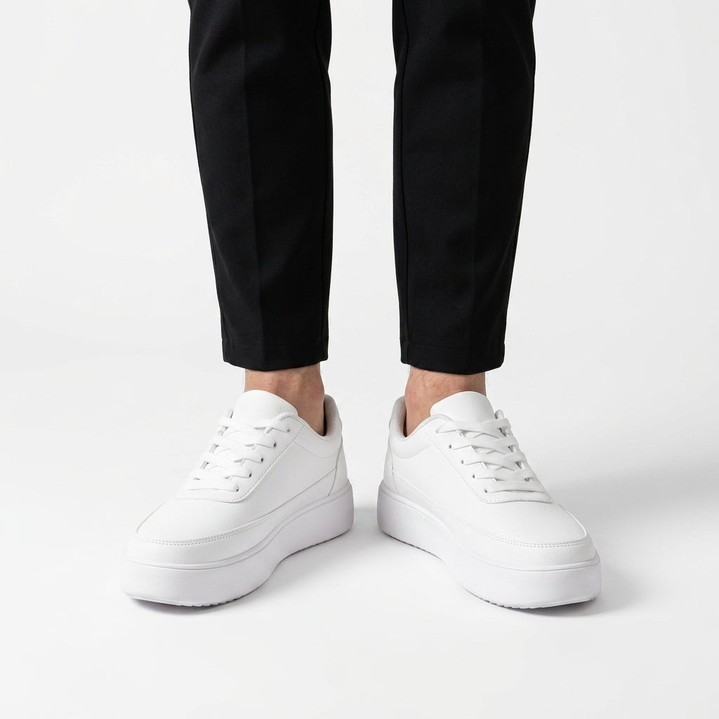 Męskie niskie sneakersy w kolorze białym na stopach w czarnych spodniach