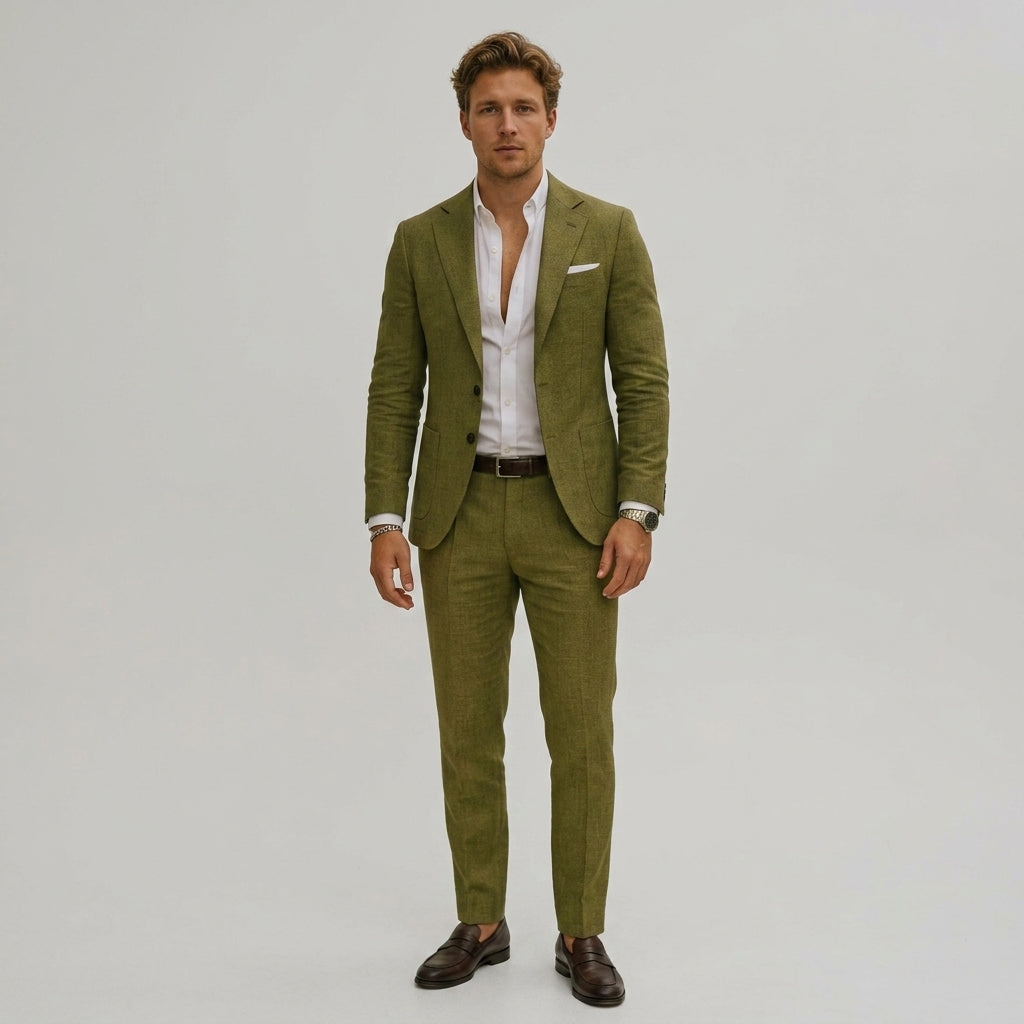 Mężczyzna w eleganckim oliwkowym garniturze dwuczęściowym slim fit z białą koszulą