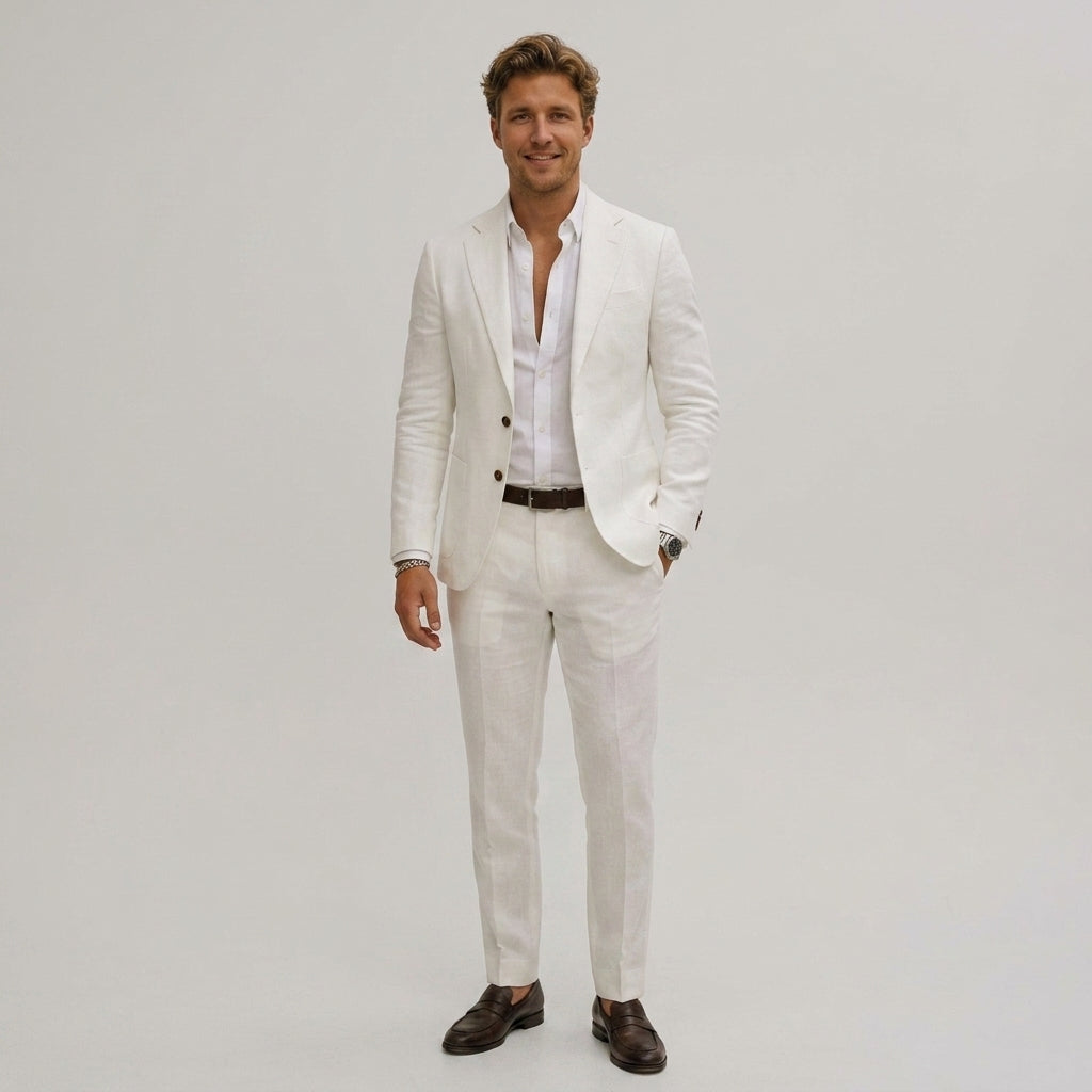 Komplet dwuczęściowy slim fit, cała sylwetka mężczyzny w eleganckim garniturze