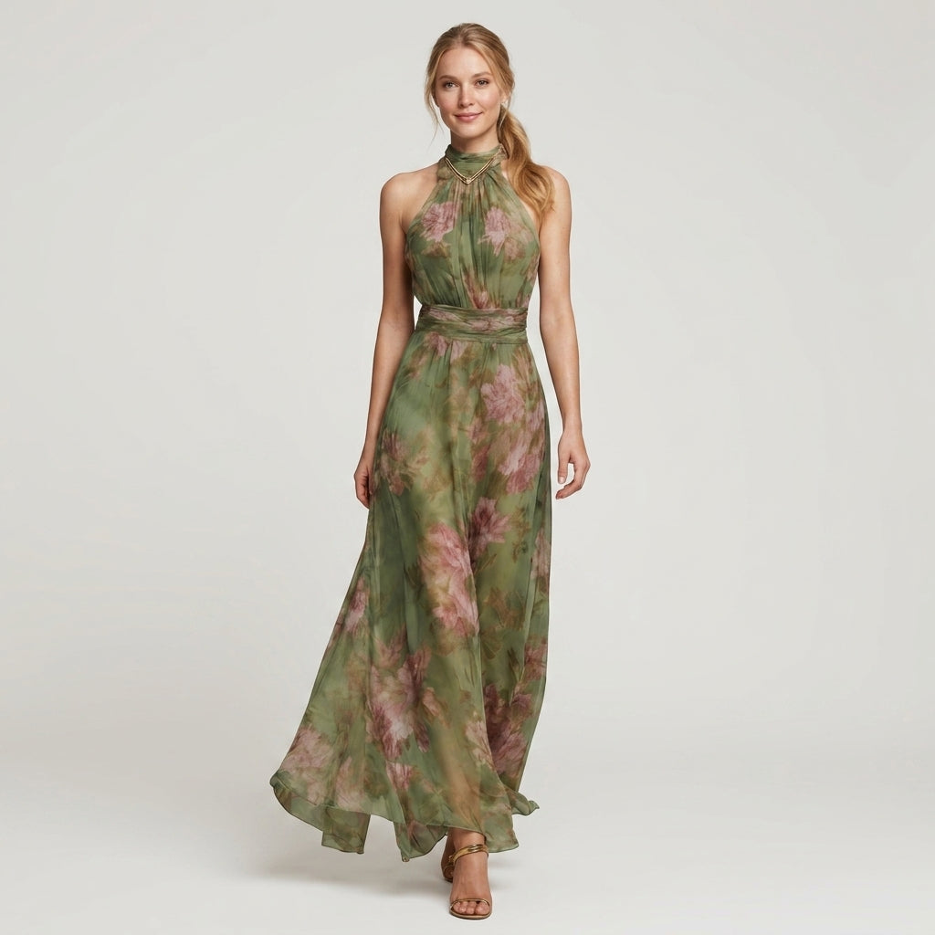 Kobieta prezentująca elegancką zieloną sukienkę maxi w kwiaty z dekoltem halter od przodu