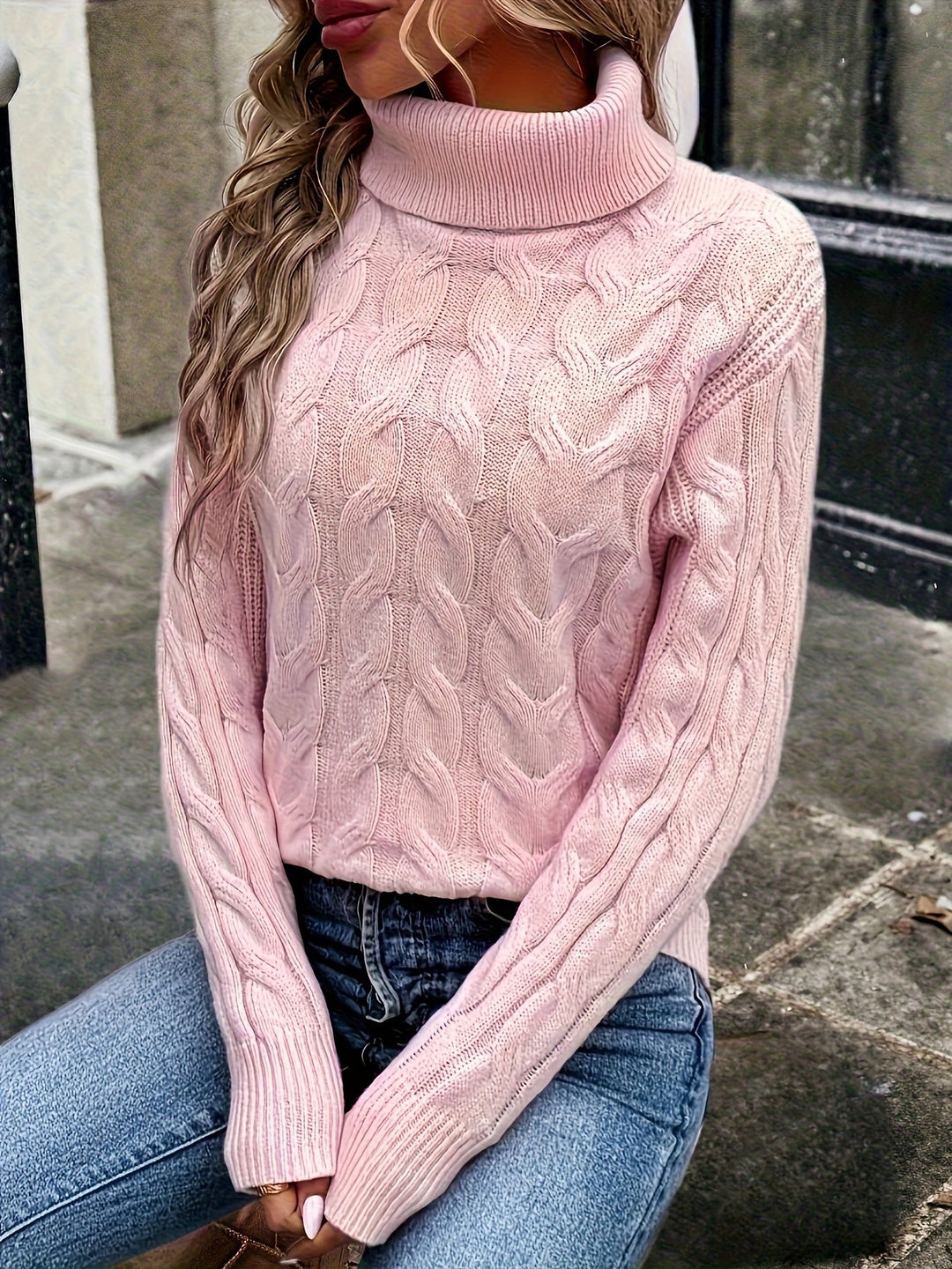 Damski sweter z golfem w warkoczowy wzór, codzienna elegancja