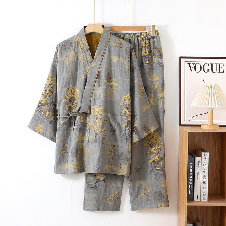 Wygodny komplet domowy damski, piżama w stylu kimono ze wzorem pejzażu