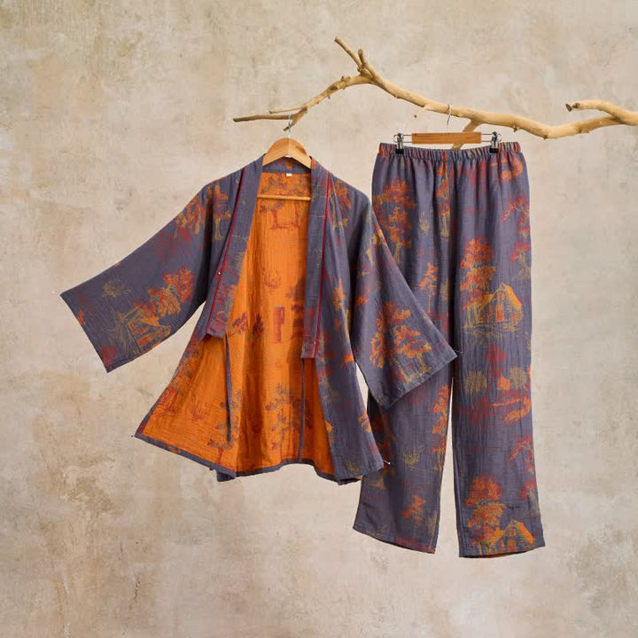 Komplet piżamy damskiej kimono w kolorze szaro-niebieskim z motywem pejzażu