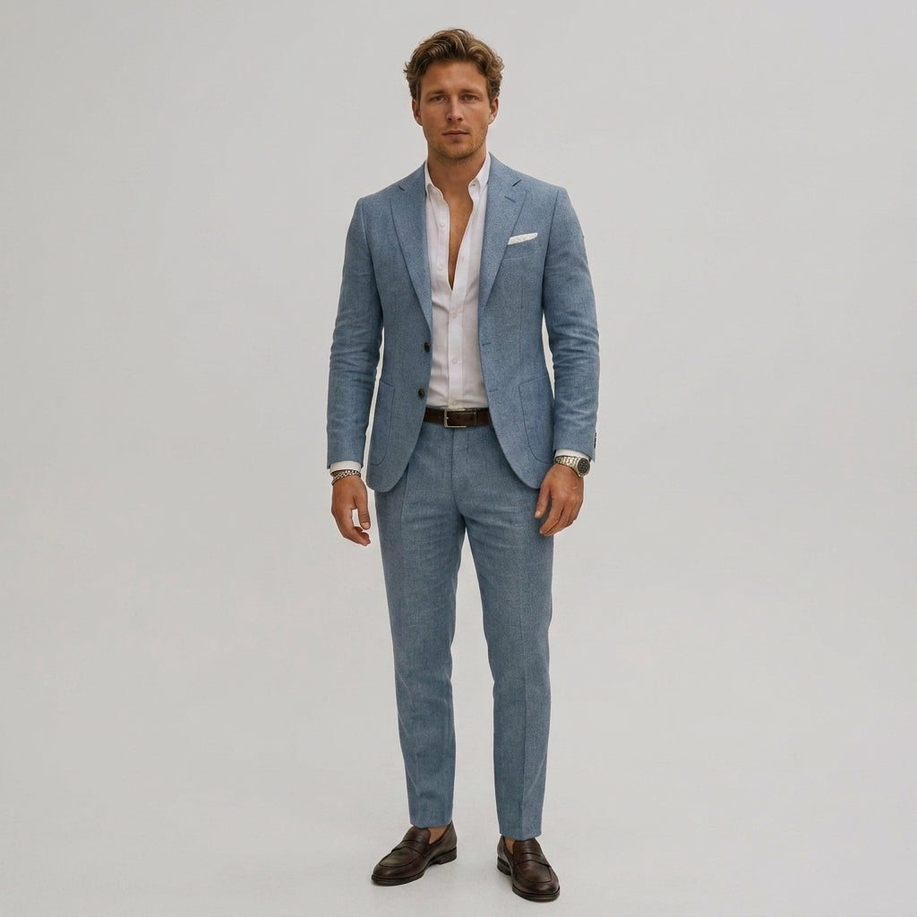 Męski elegancki garnitur dwuczęściowy slim fit, widok z tyłu dopasowanej marynarki