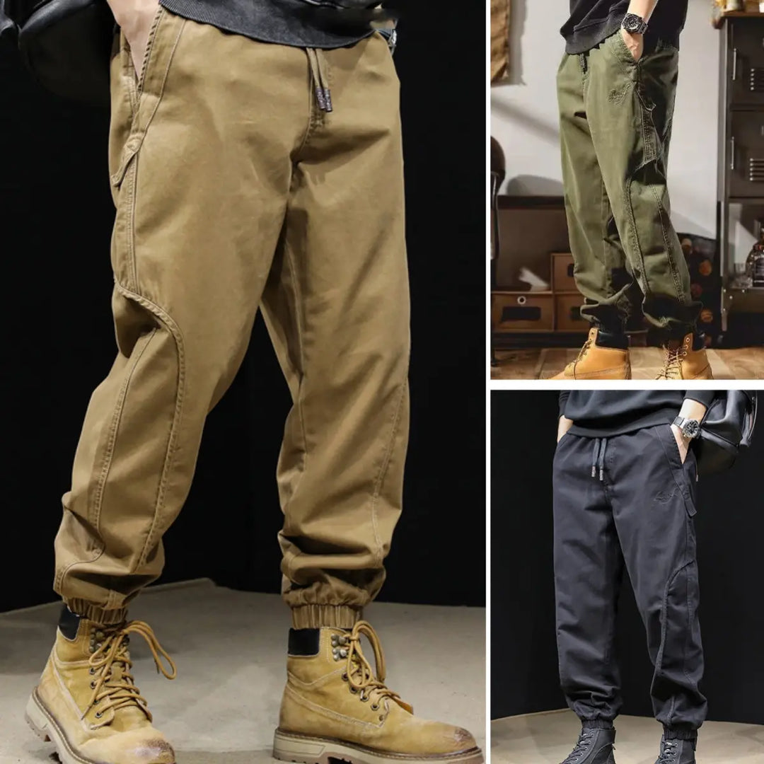Męskie spodnie cargo w kolorze khaki w stylizacji z butami