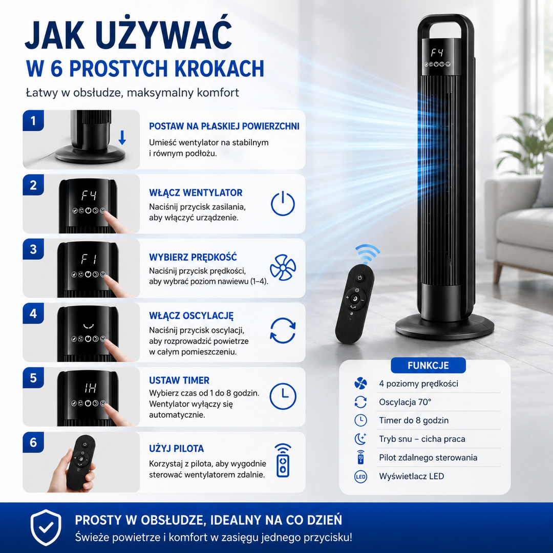 Uniwersalny Wentylator Kolumnowy z Pilotem – Ciche Chłodzenie i Komfort