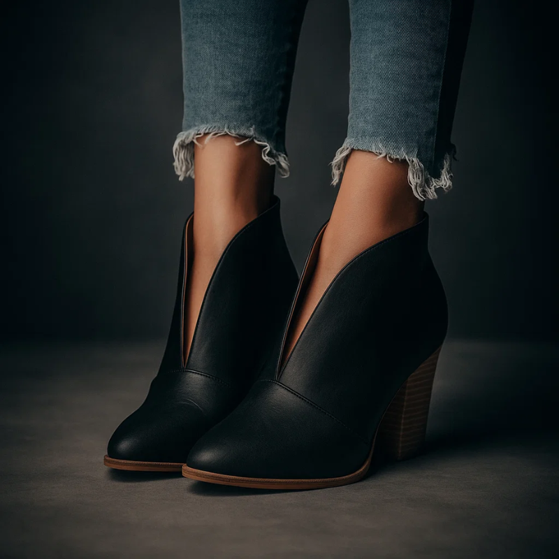Eleganckie buty damskie botki na słupku z cholewką V-cut