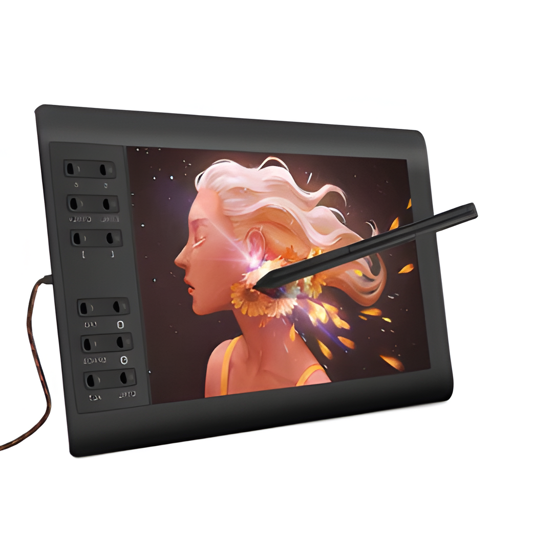 Czarny tablet graficzny z cyfrowym piórem wyświetlający grafikę artystyczną