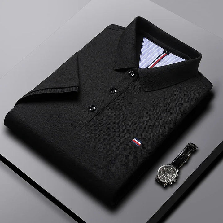 Męska czarna koszulka polo z eleganckim haftem i zegarkiem