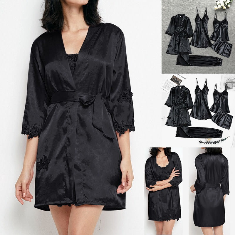 Stylowy damski komplet do sypialni z kimono, leżący na łóżku