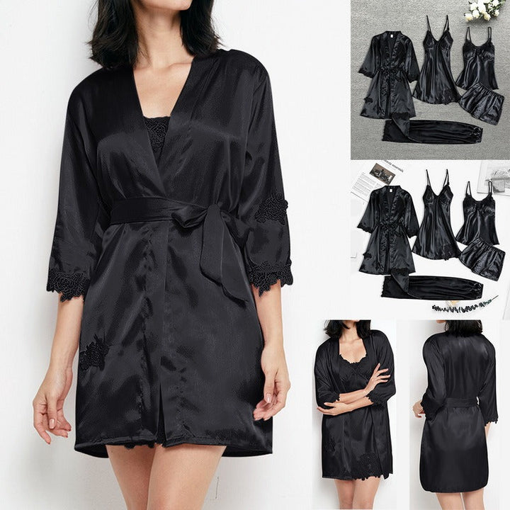 Stylowy damski komplet do sypialni z kimono, leżący na łóżku