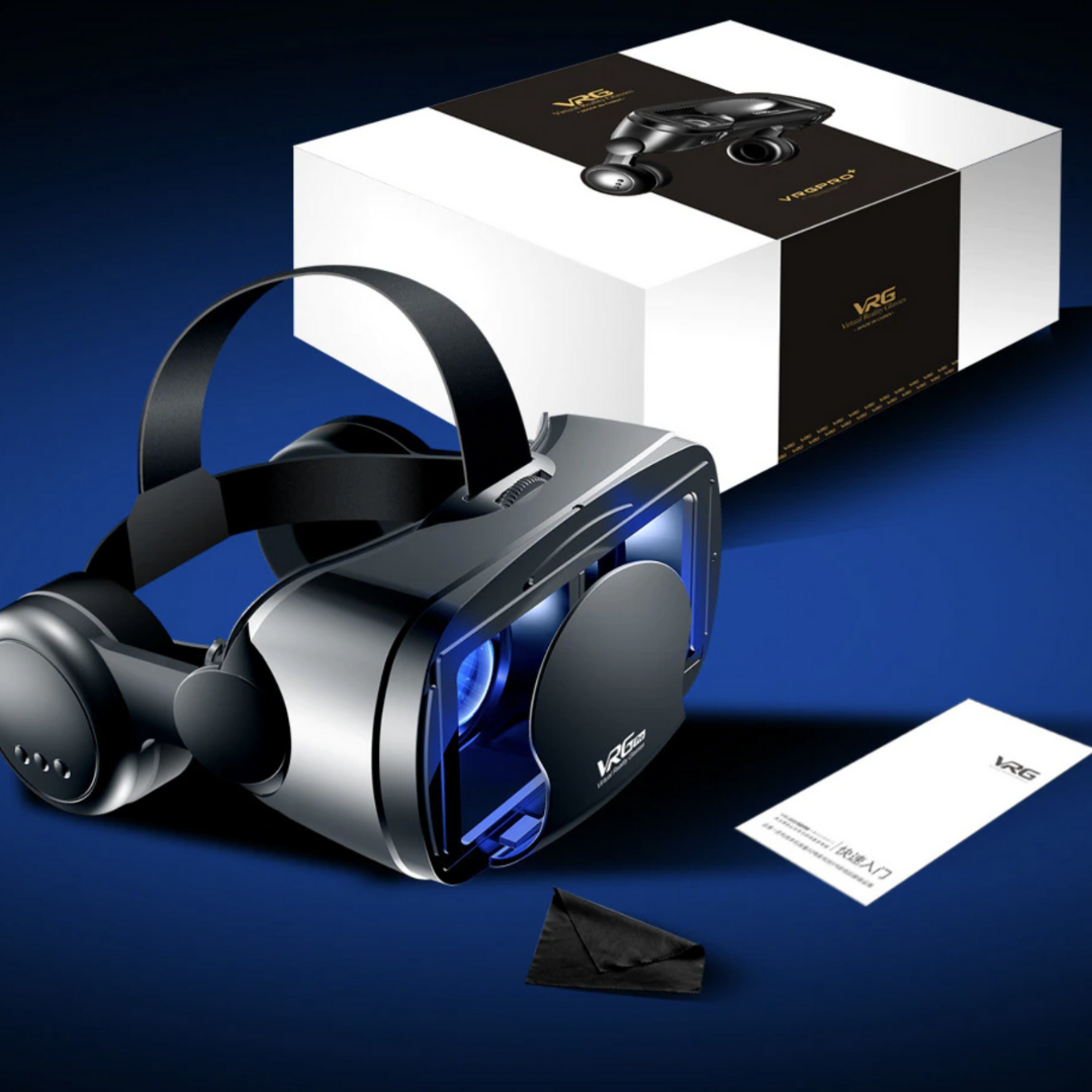 Zestaw gogli VR z kontrolerem, pudełkiem i ściereczką na niebieskim tle