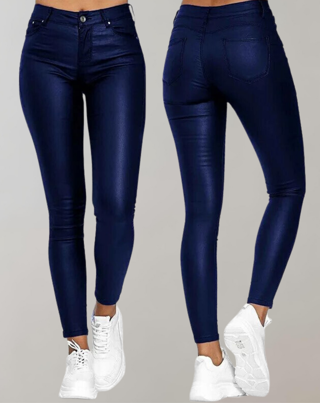 Damskie niebieskie spodnie high-waist prezentowane od przodu i od tyłu