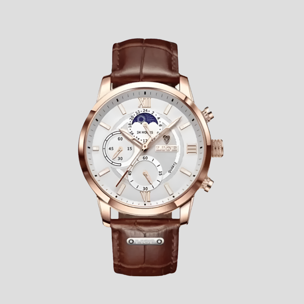 Męski zegarek klasyczny 42 mm w wersji złotej na brązowym paski