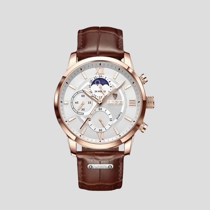 Męski zegarek klasyczny 42 mm w wersji złotej na brązowym paski