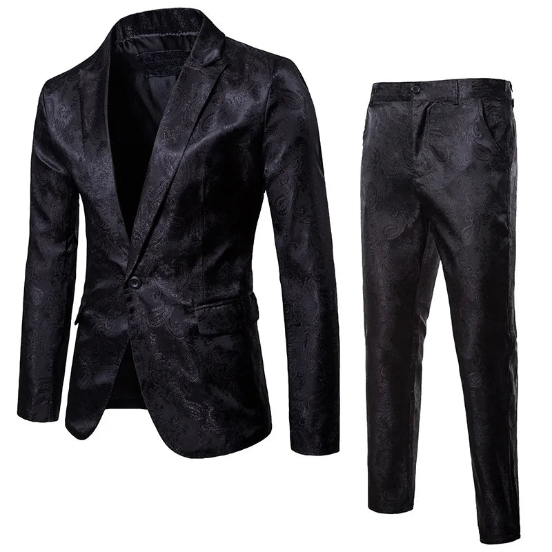 Męski czarny garnitur dwuczęściowy slim fit z żakardowym wzorem