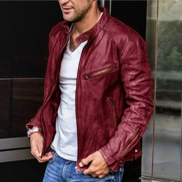 Czerwona męska kurtka motocyklowa ze stójką, skórzana odzież w stylu smart casual