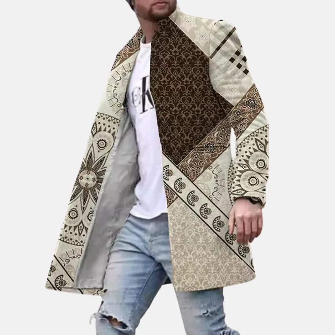 Męska kurtka z unikalnym nadrukiem w stylu ulicznym, model w brązowe wzory