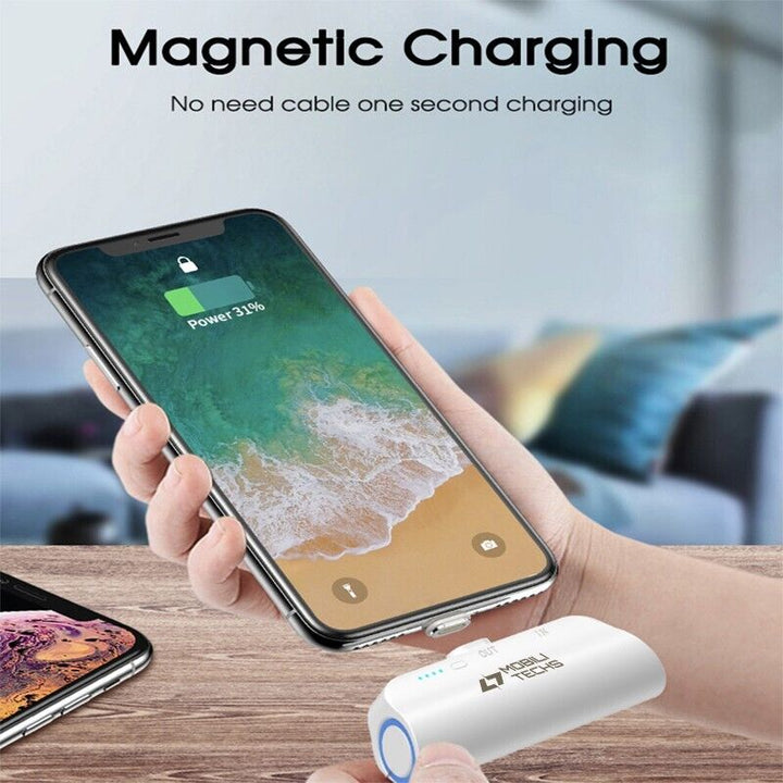 Mały powerbank magnetyczny 3000mAh podłączony bezpośrednio do smartfona jako ładowarka przenośna