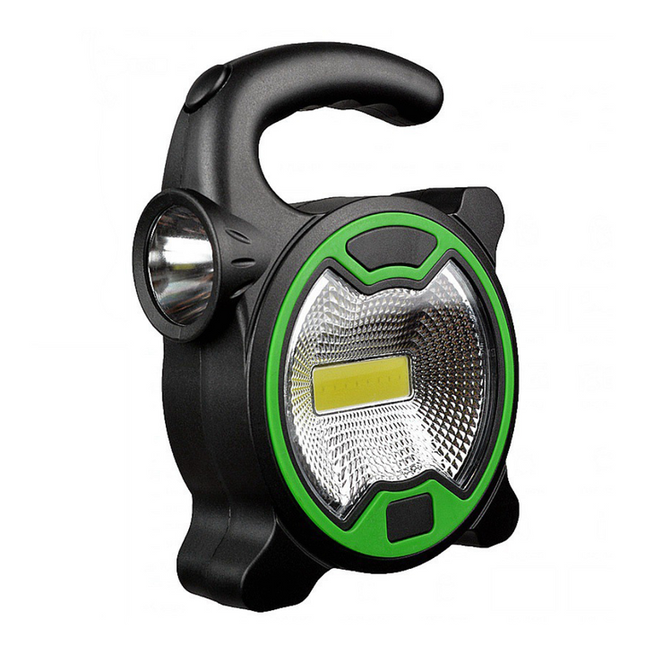 Zielona lampa robocza COB LED prezentująca kompaktową konstrukcję i uchwyt