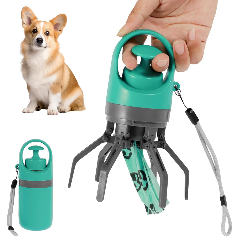 Przenośny chwytak do psich odchodów w kolorze zielonym z psem rasy Corgi w tle