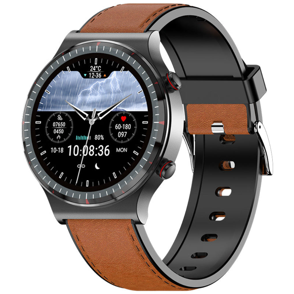 Smartwatch z jasnym brązowym paskiem i widoczną tarczą pogodową