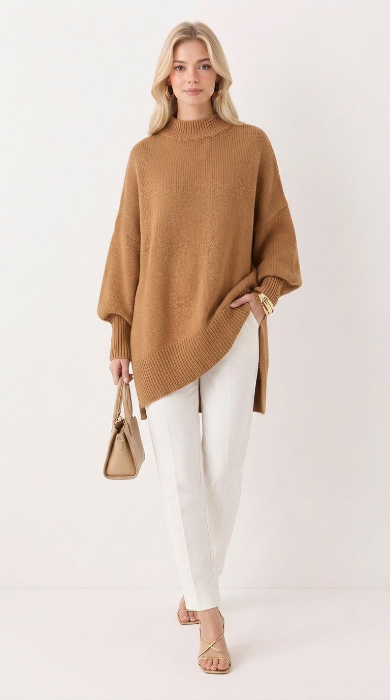 Modny sweter oversize damski z widoczną dbałością o detale wykończenia