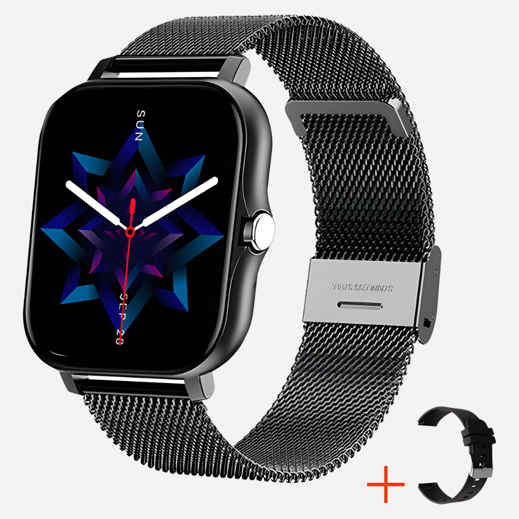 Czarny smartwatch z GPS i dodatkowym paskiém