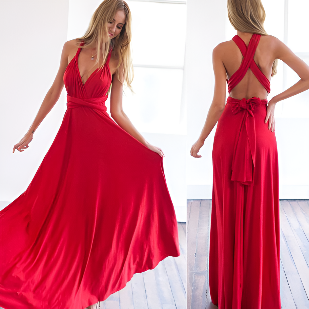 Długa sukienka kopertowa maxi w ujęciu z boku, elegancka sukienka damska