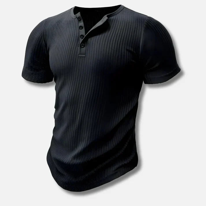 Męski czarny t-shirt henley slim fit z krótkim rękawem