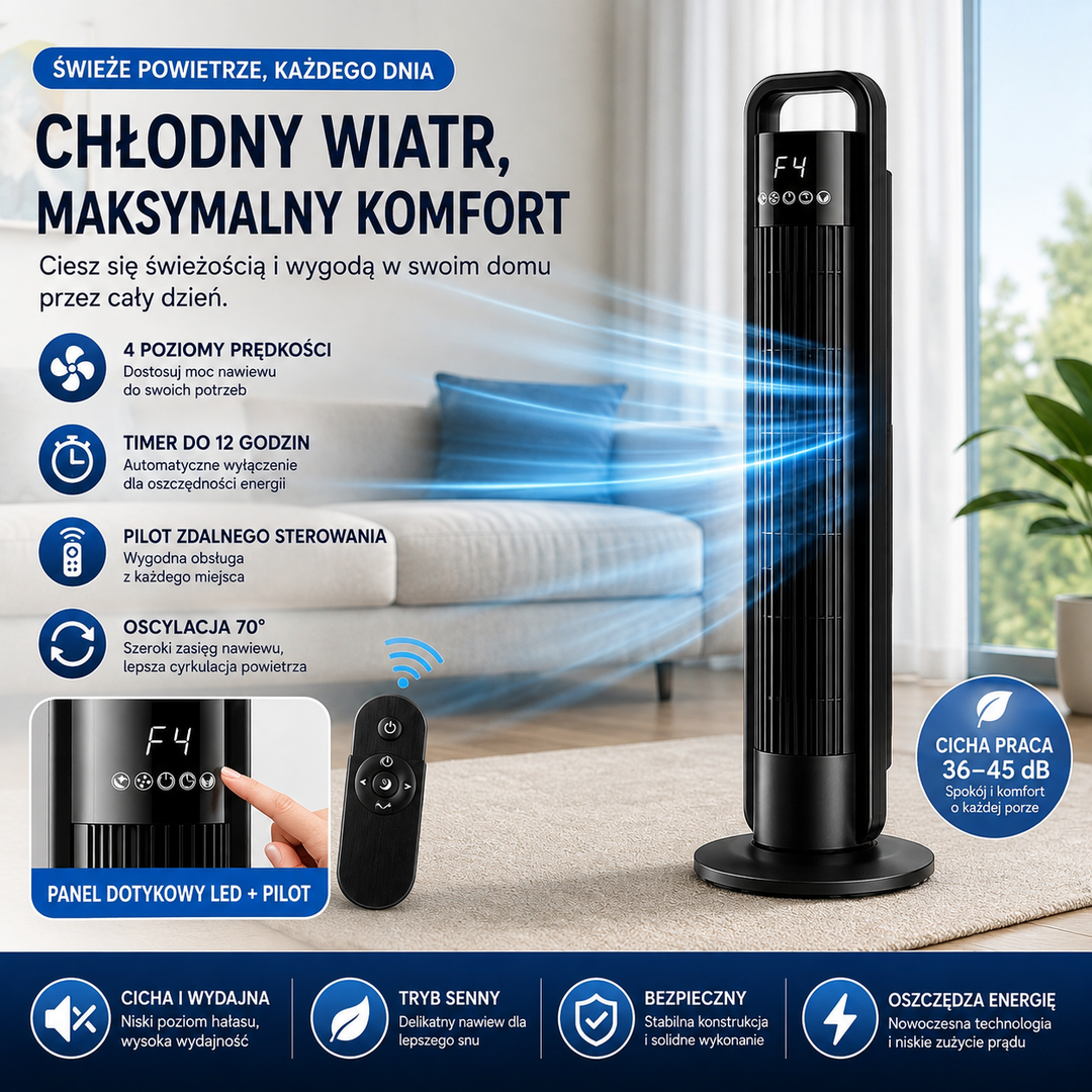 Uniwersalny Wentylator Kolumnowy z Pilotem – Ciche Chłodzenie i Komfort