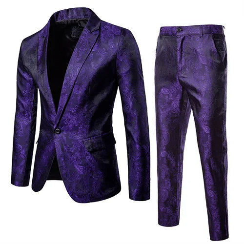 Męski fioletowy garnitur dwuczęściowy slim fit z żakardowym wzorem