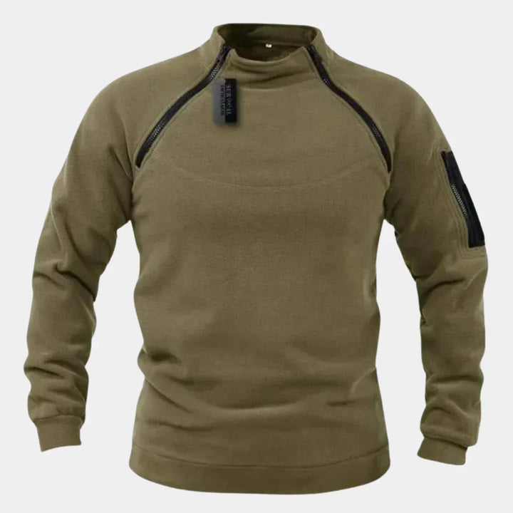 Stylowy sweter męski rozpinany na zamek, modna odzież codzienna w zbliżeniu